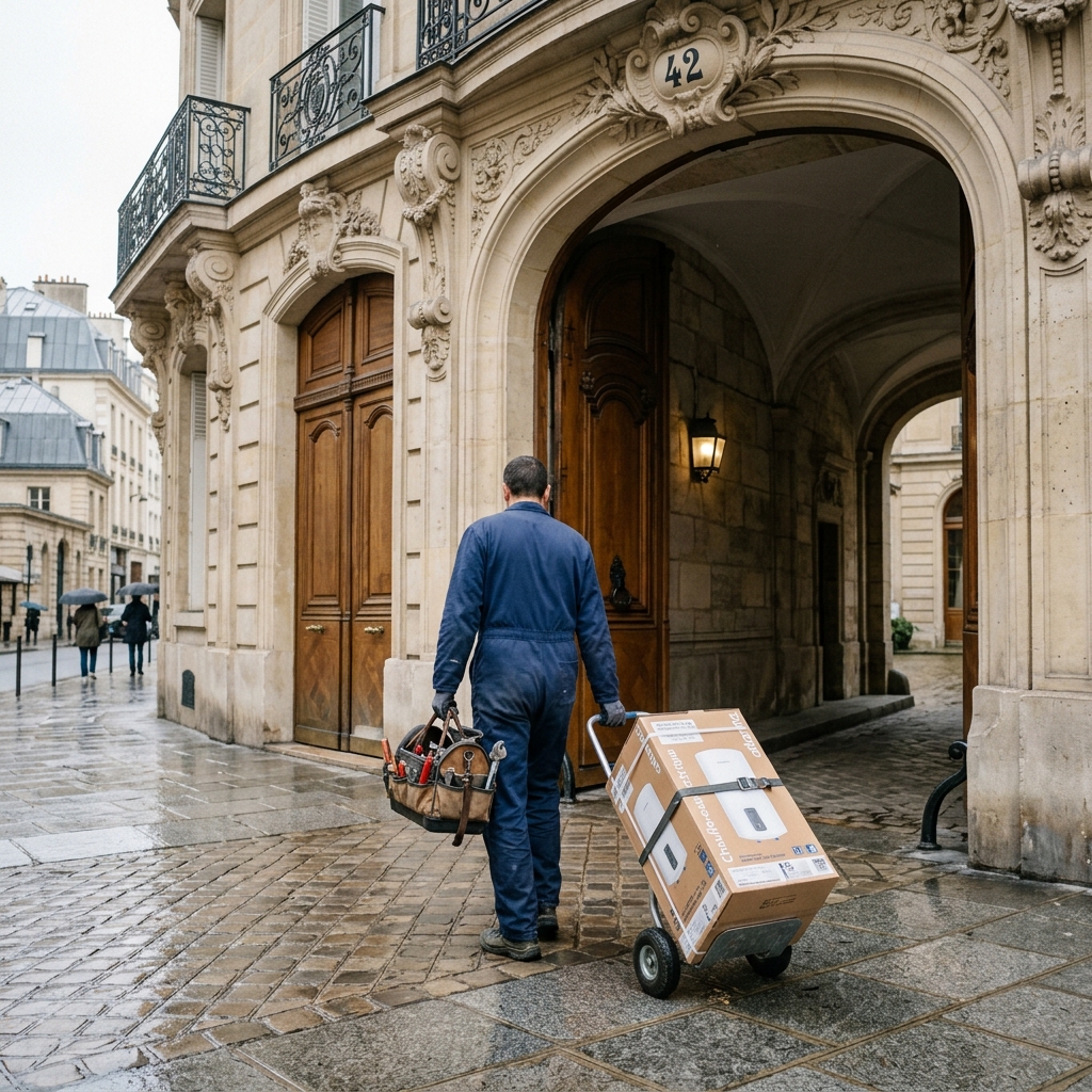 Technicien plombier Paris devant immeuble